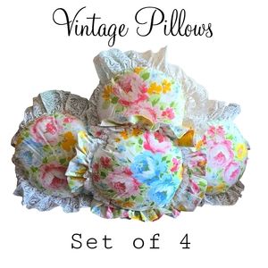 Vintage Handmade Floral and Lace Throw Pillow Set